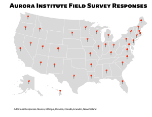 A map of the United States shows where Aurora Institute field survey respondents are from, inclusive of 34 states, DC, Puerto Rico and the international community.