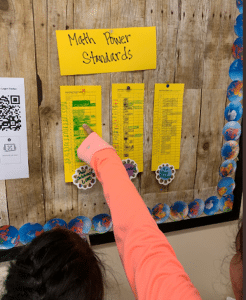 Students Pointing To Bulletin Board Showing Progress on Standards