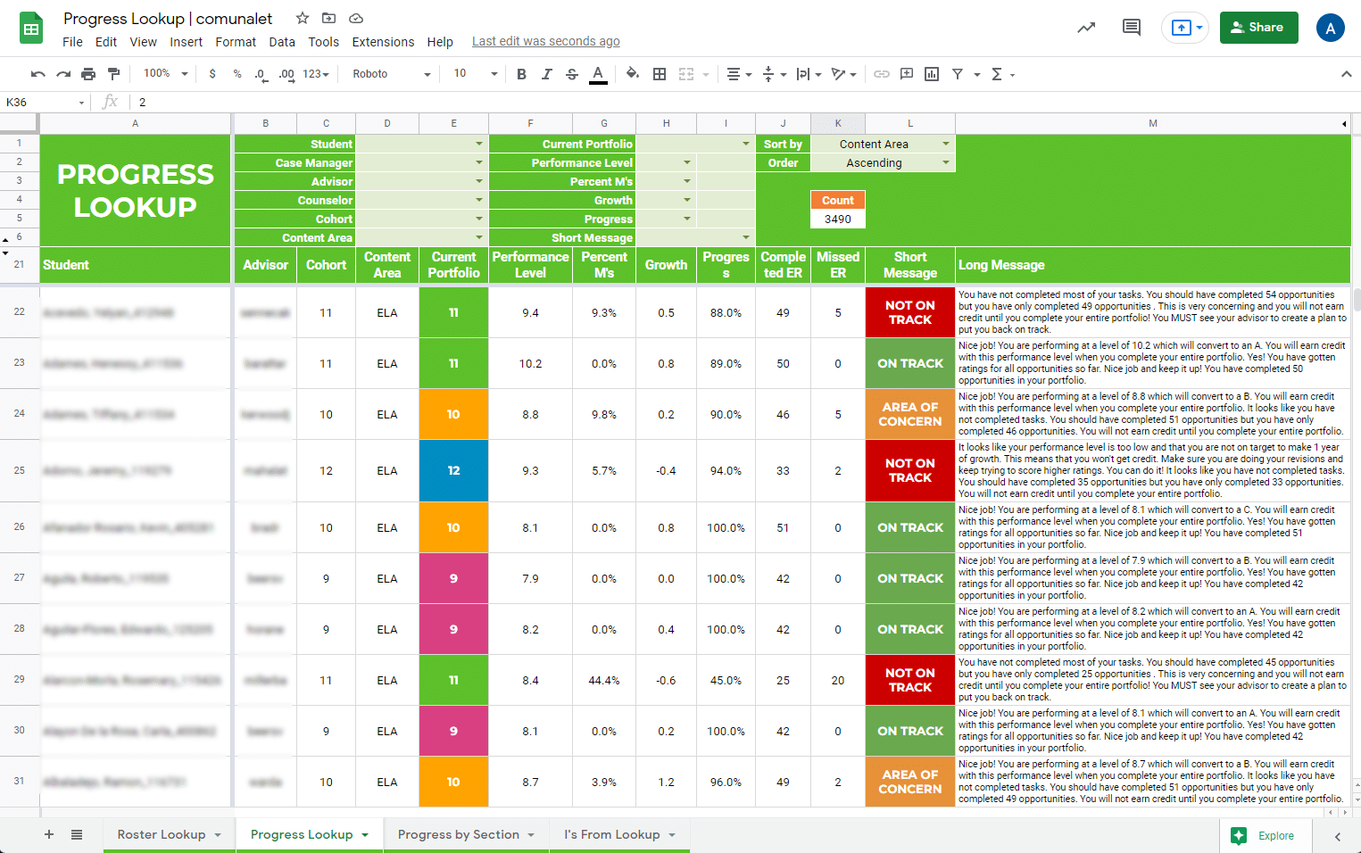 Example of a Progress Lookup Dashboard for Teachers