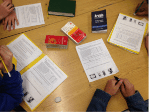 Students use dictionaries in an array of languages to support their collaborative work.