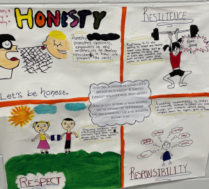 One of many student designed poster illustrating COA values in English and Spanish.