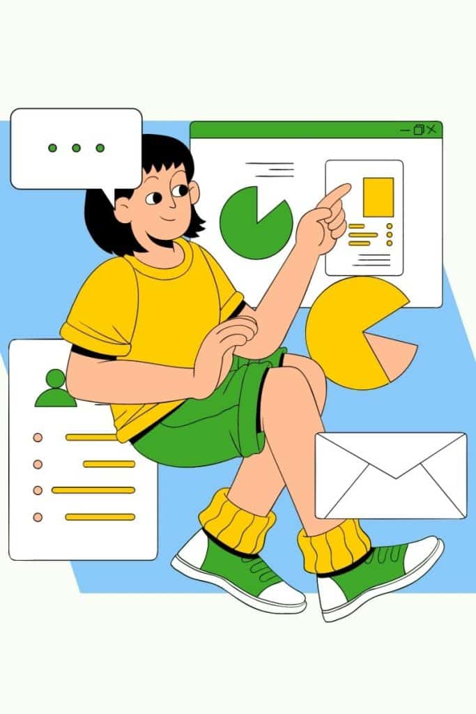 A girl wearing a yellow top, green shots and green shoes points to a call out of a webpage pointing to data. 