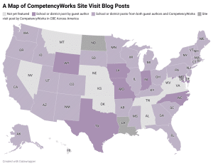 A map of the US showing states with a blog post about a learning community moving towards CBE. 