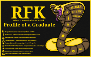 RFK grad profile cobra graphic which includes respect, pathways, ideas, communication, problem-solving, partnerships, exploring mindset, growth, family, and community