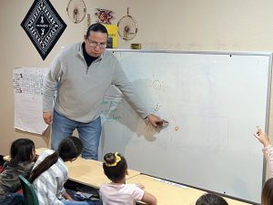 Indigenous educator teaching a lesson to elementary students