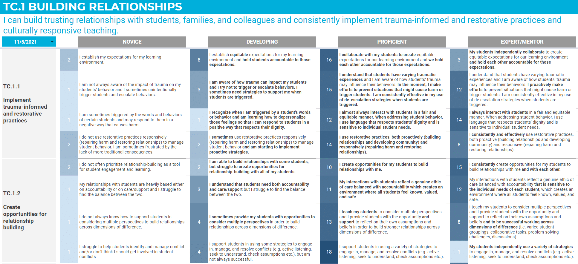 Dashboard for the Building Relationships Teacher Competency