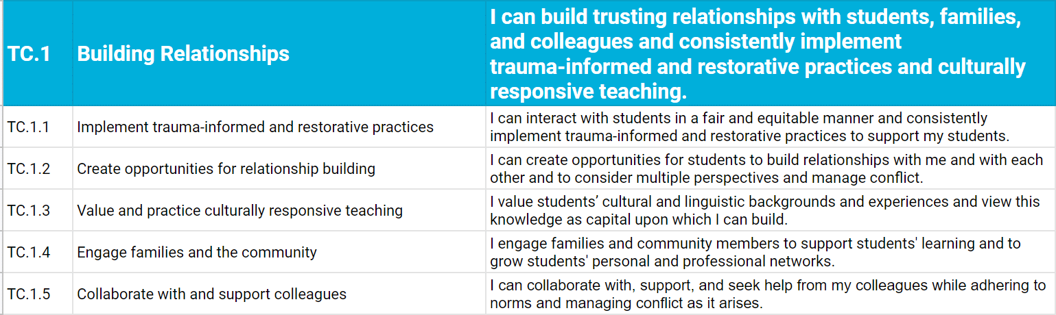 Table of Building Relationships Teacher Competency