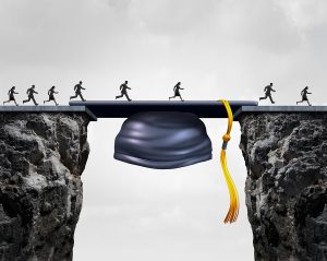Education career opportunities concept as a group of graduating university studends crossing a mortarboard or graduation cap acting as a bridge to provide an opportunity and bridging the gap for business success.