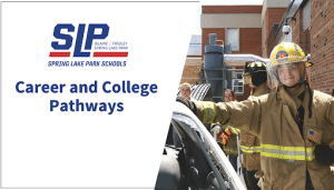 SJP advertisement featuring a student participating in a WBL opportunity as a firefighter volunteer. 